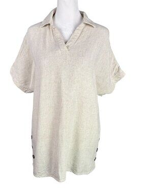 Chico's 1 M Linen Blend Beige Collared V-Neck Short Sleeve Top Side Buttons